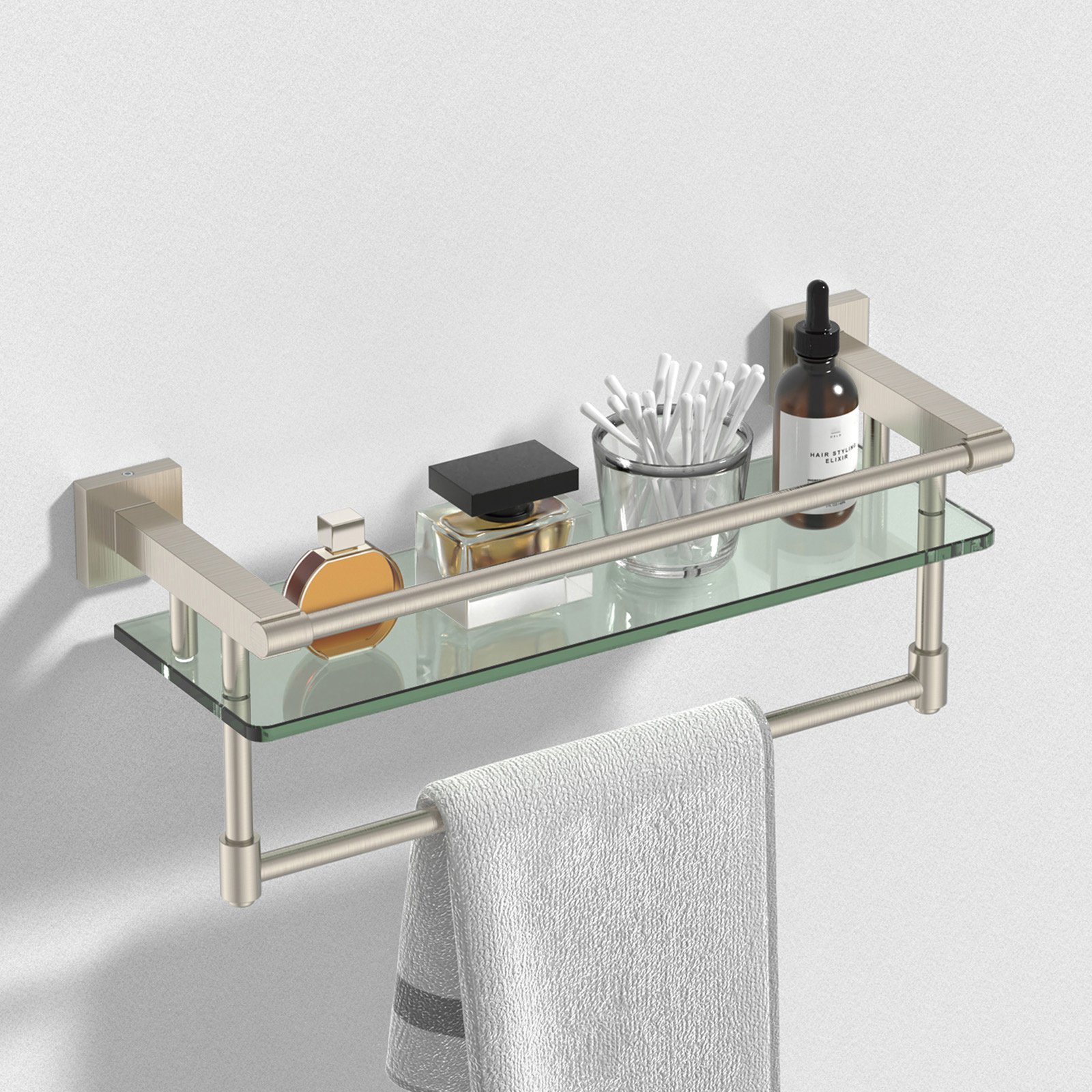 16-inch hanging rod, brushed finish, glass shelf.