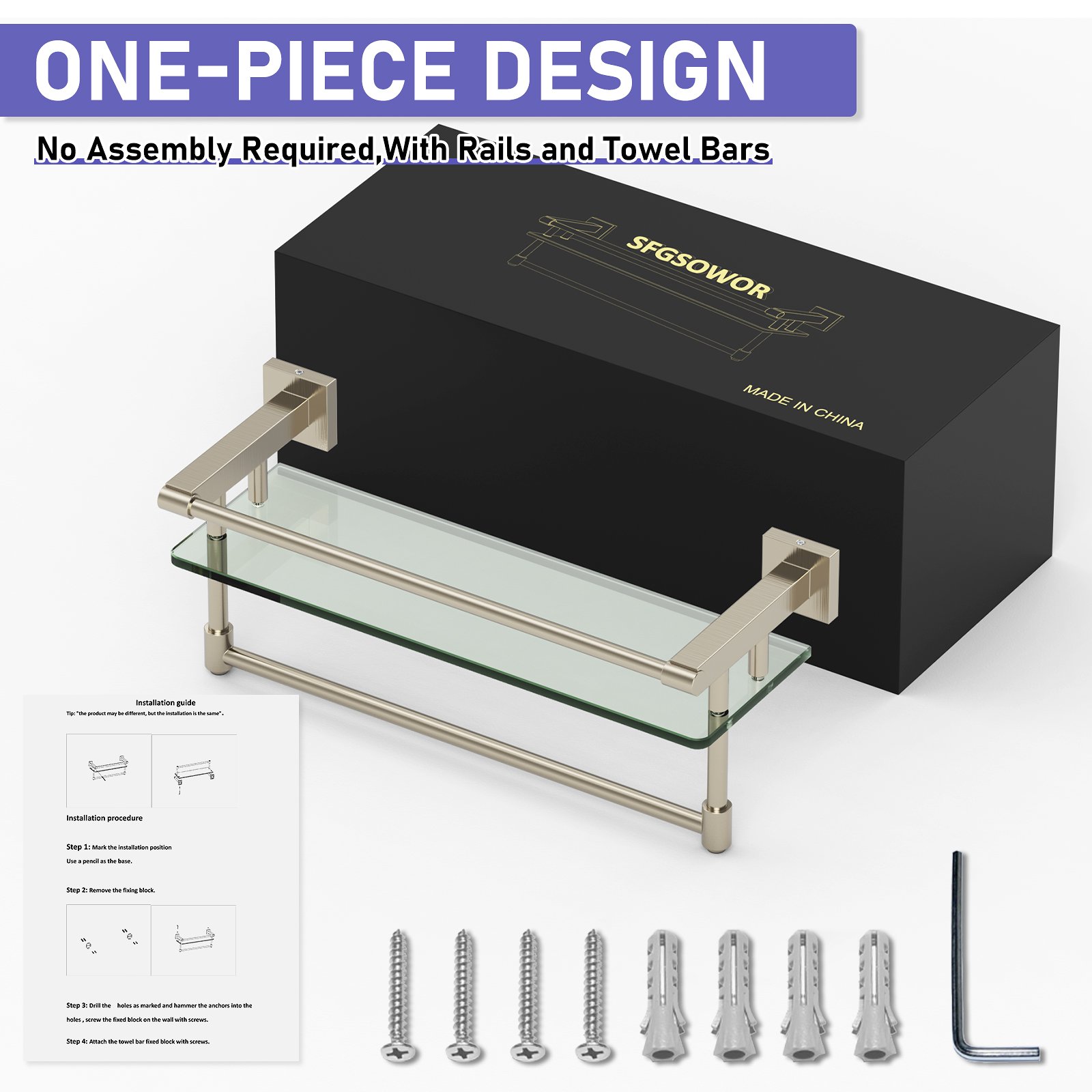 16-inch hanging rod, brushed finish, glass shelf. - 图片 5