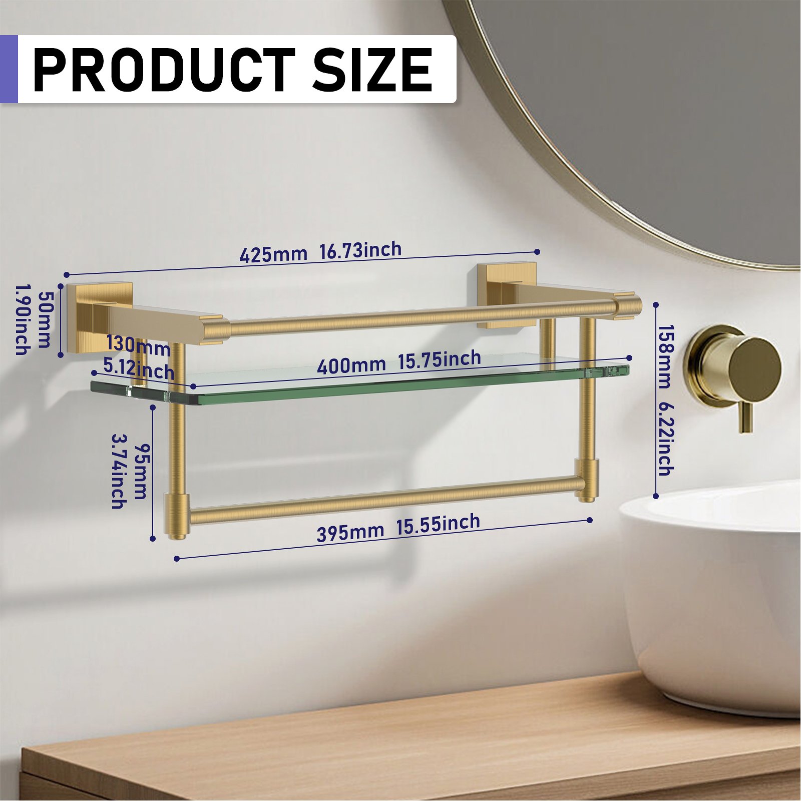 16-inch hanging rod with brushed gold finish and glass shelf. - 图片 3