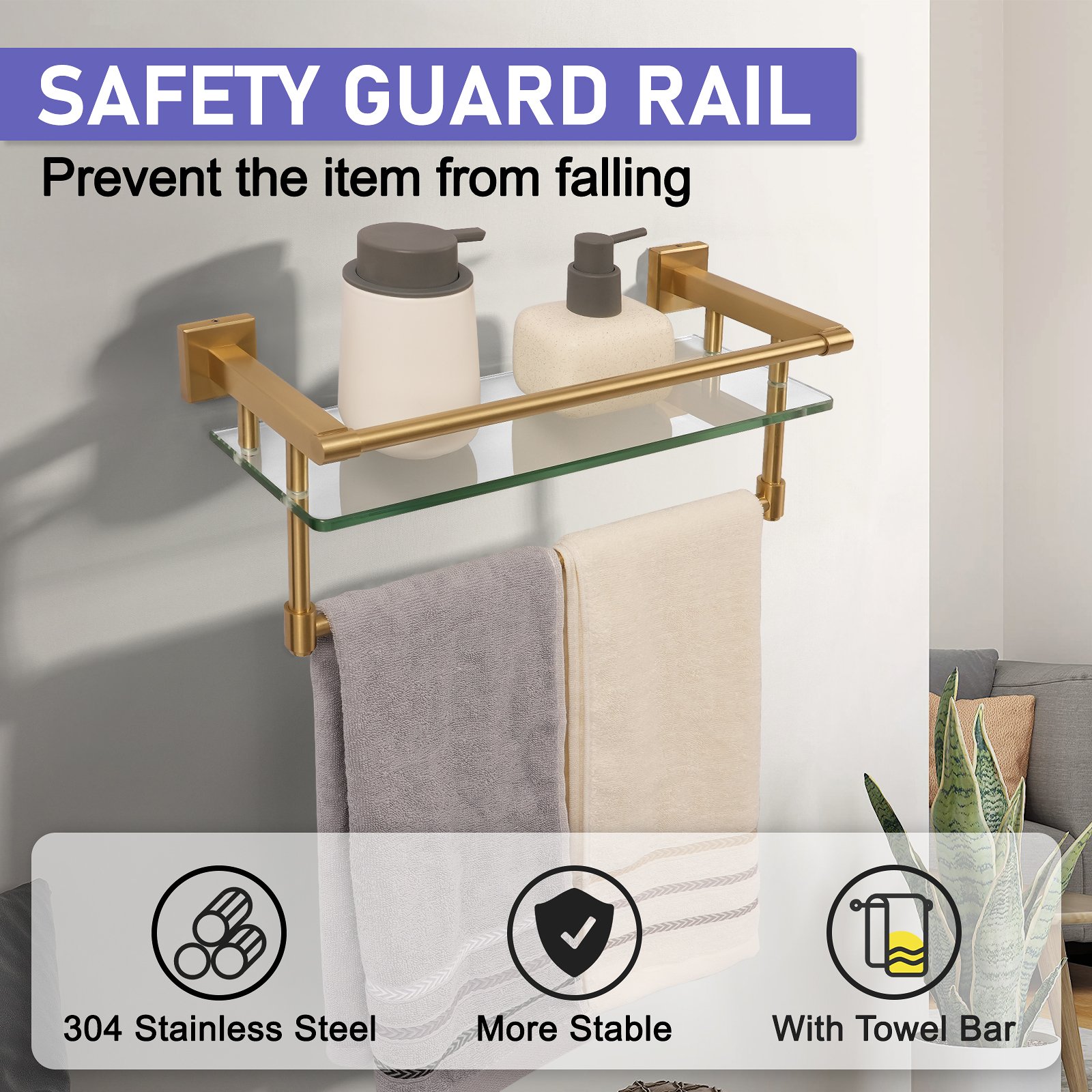 16-inch hanging rod with brushed gold finish and glass shelf. - 图片 4