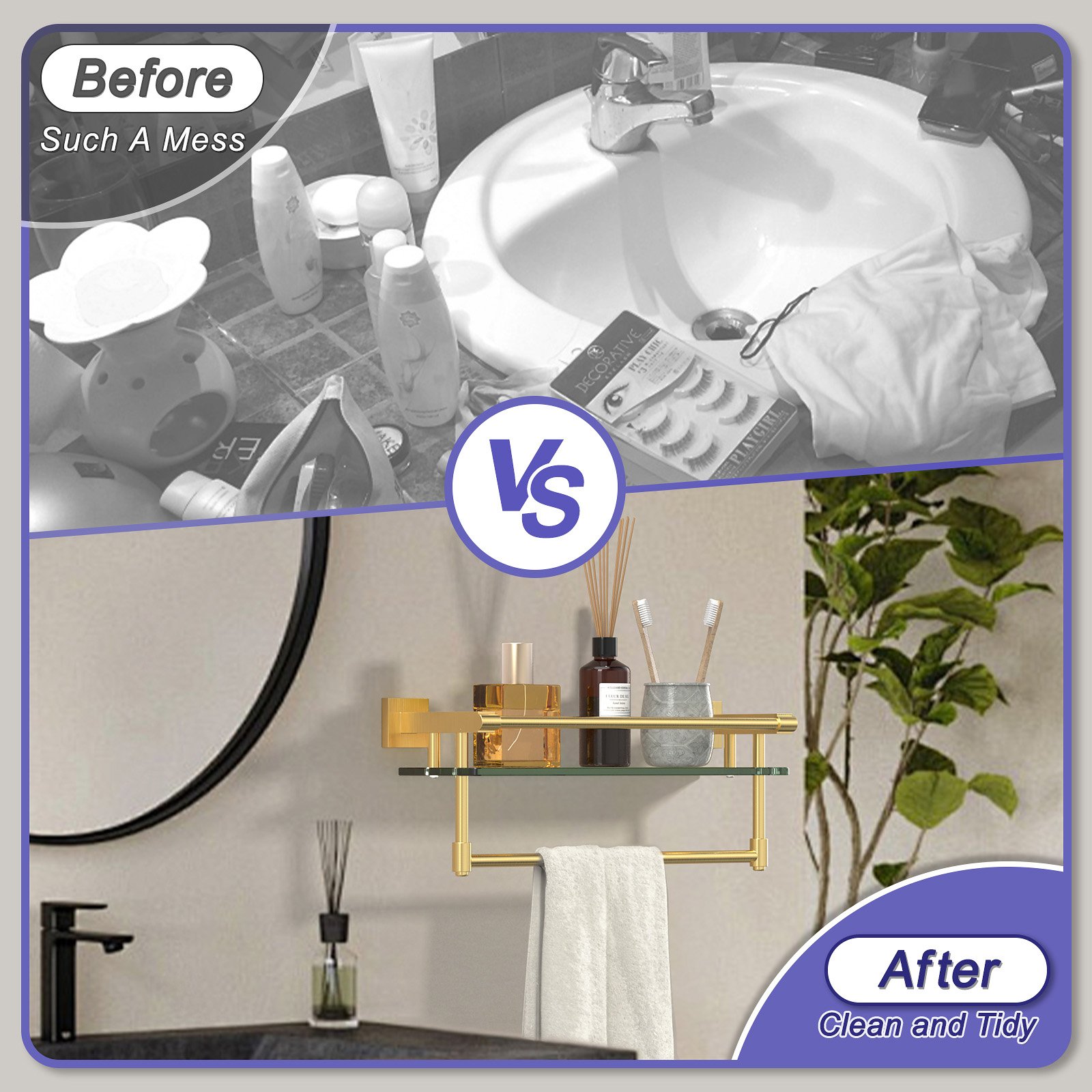 16-inch hanging rod with brushed gold finish and glass shelf. - 图片 5