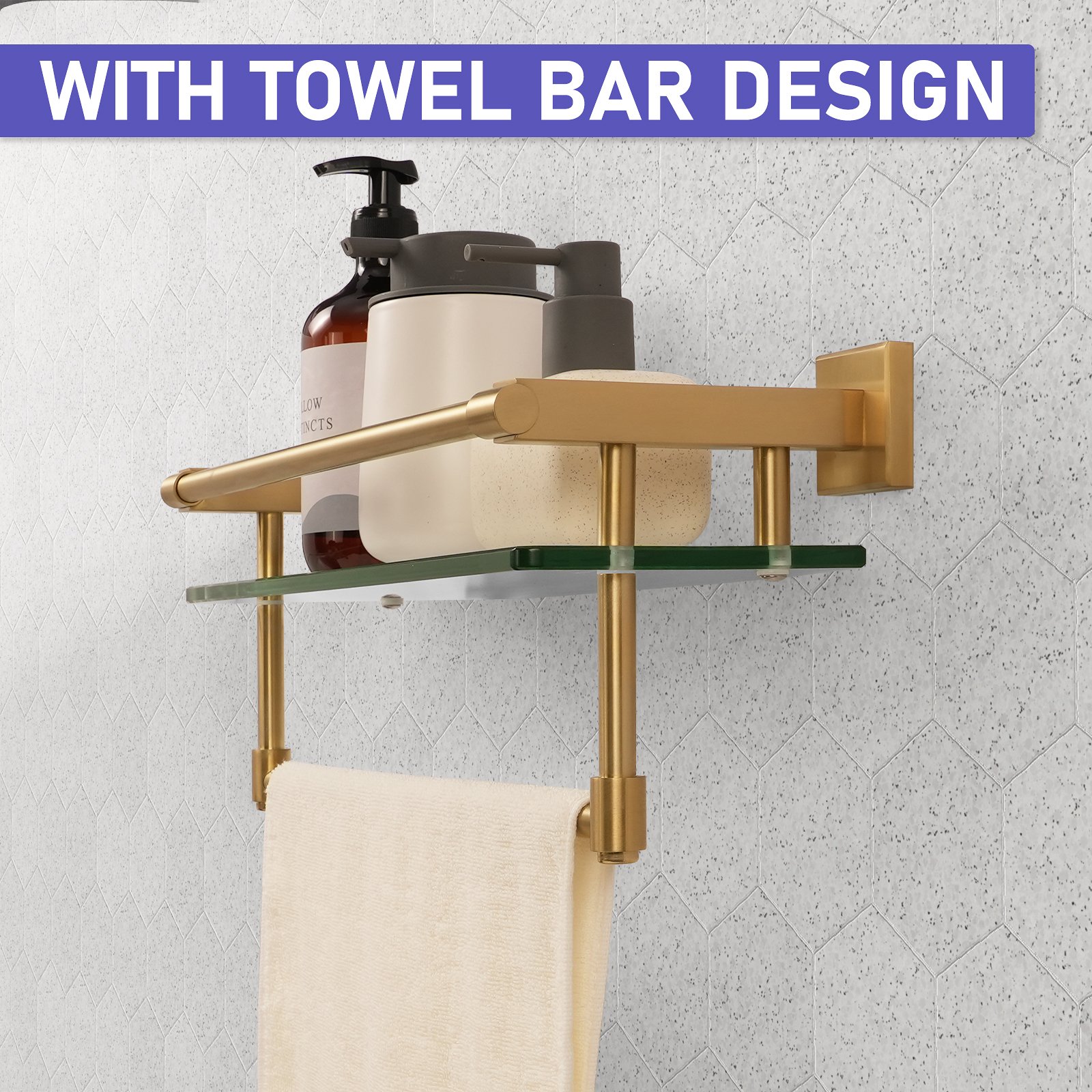 16-inch hanging rod with brushed gold finish and glass shelf. - 图片 6