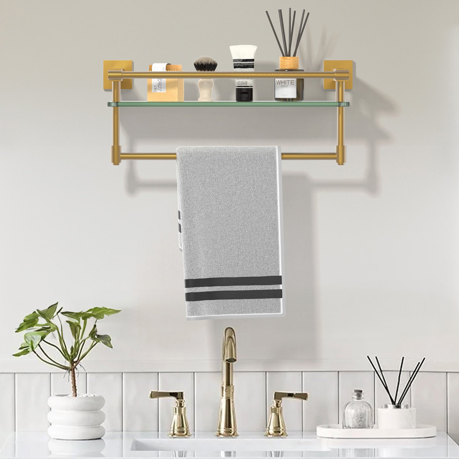 16-inch hanging rod with brushed gold finish and glass shelf. - 图片 7