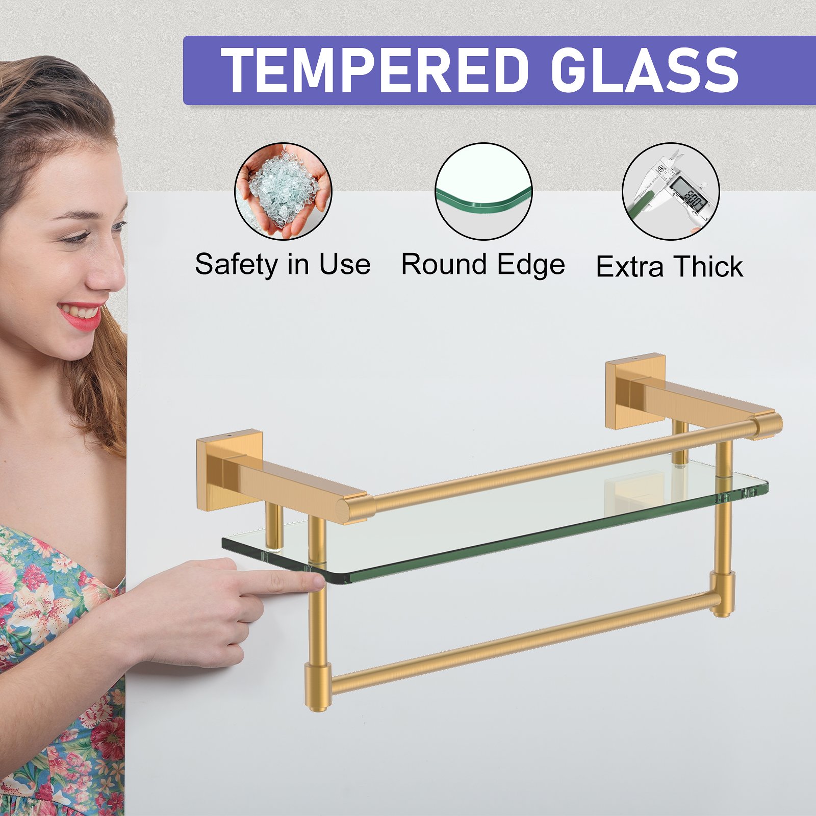 16-inch hanging rod with brushed gold finish and glass shelf. - 图片 8