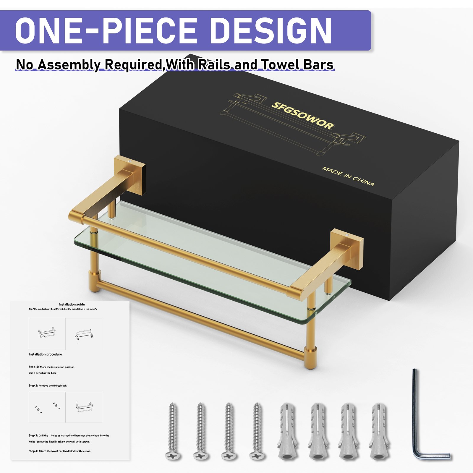 16-inch hanging rod with brushed gold finish and glass shelf. - 图片 9