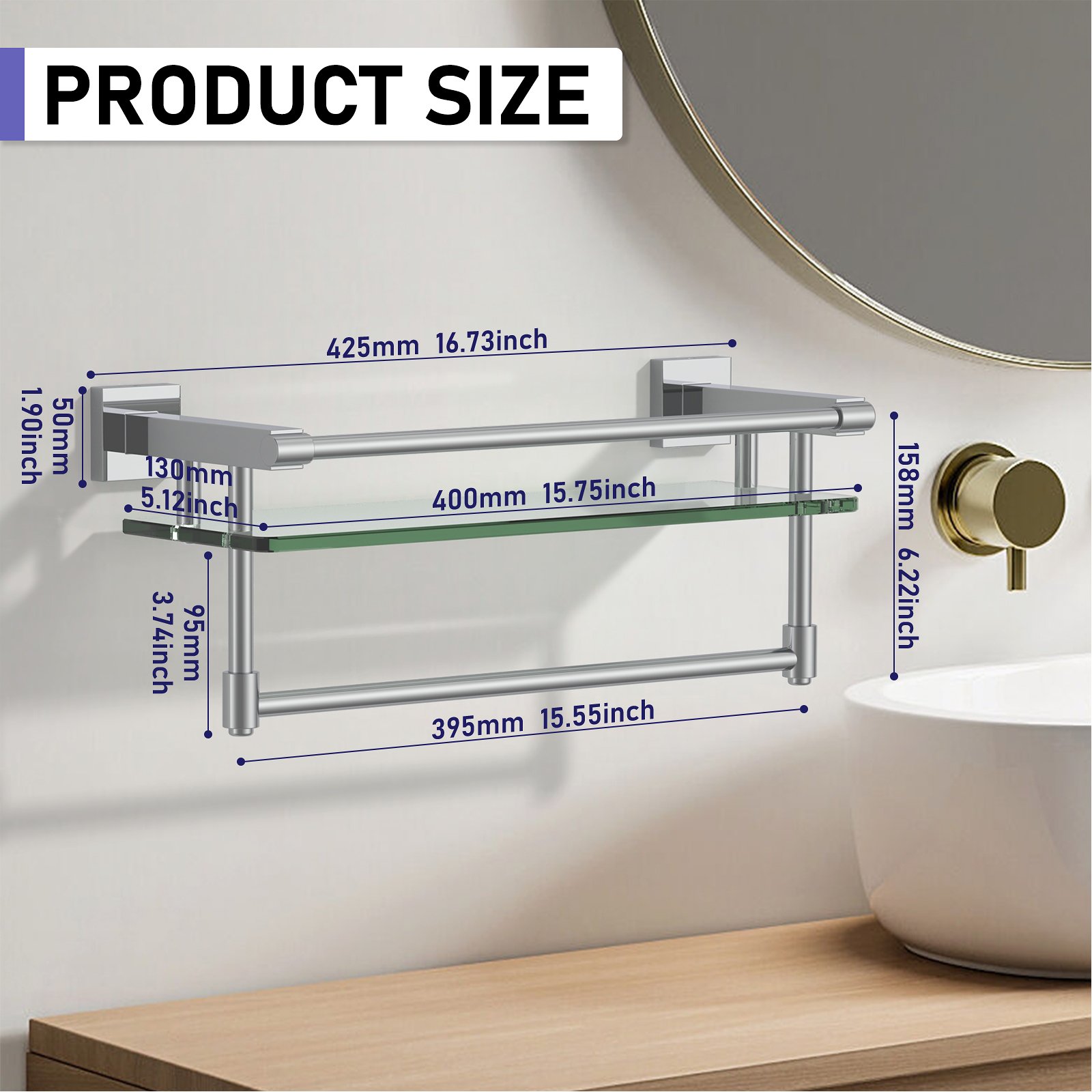 16-inch chrome-plated hanging rod glass shelf - 图片 4