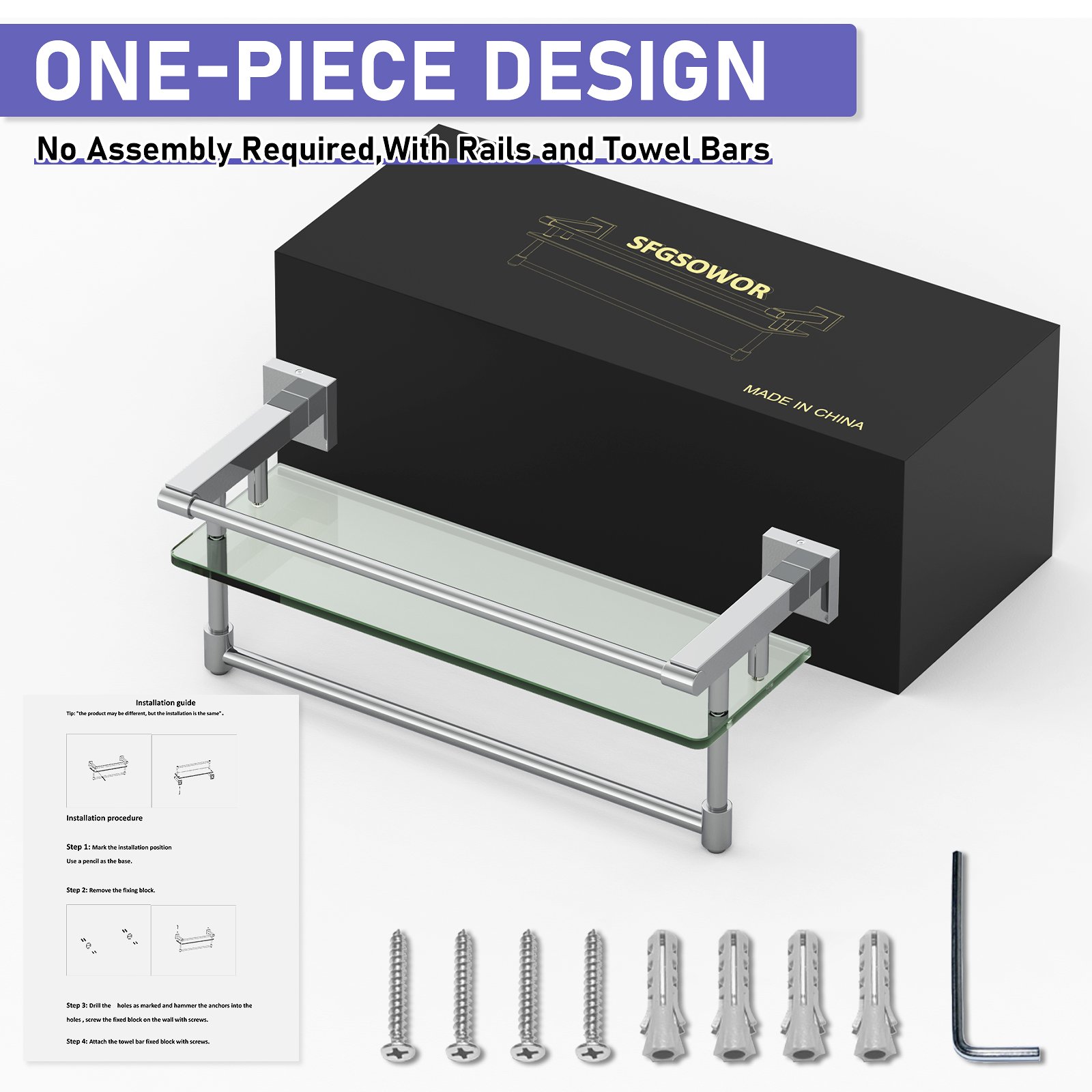 16-inch chrome-plated hanging rod glass shelf - 图片 5