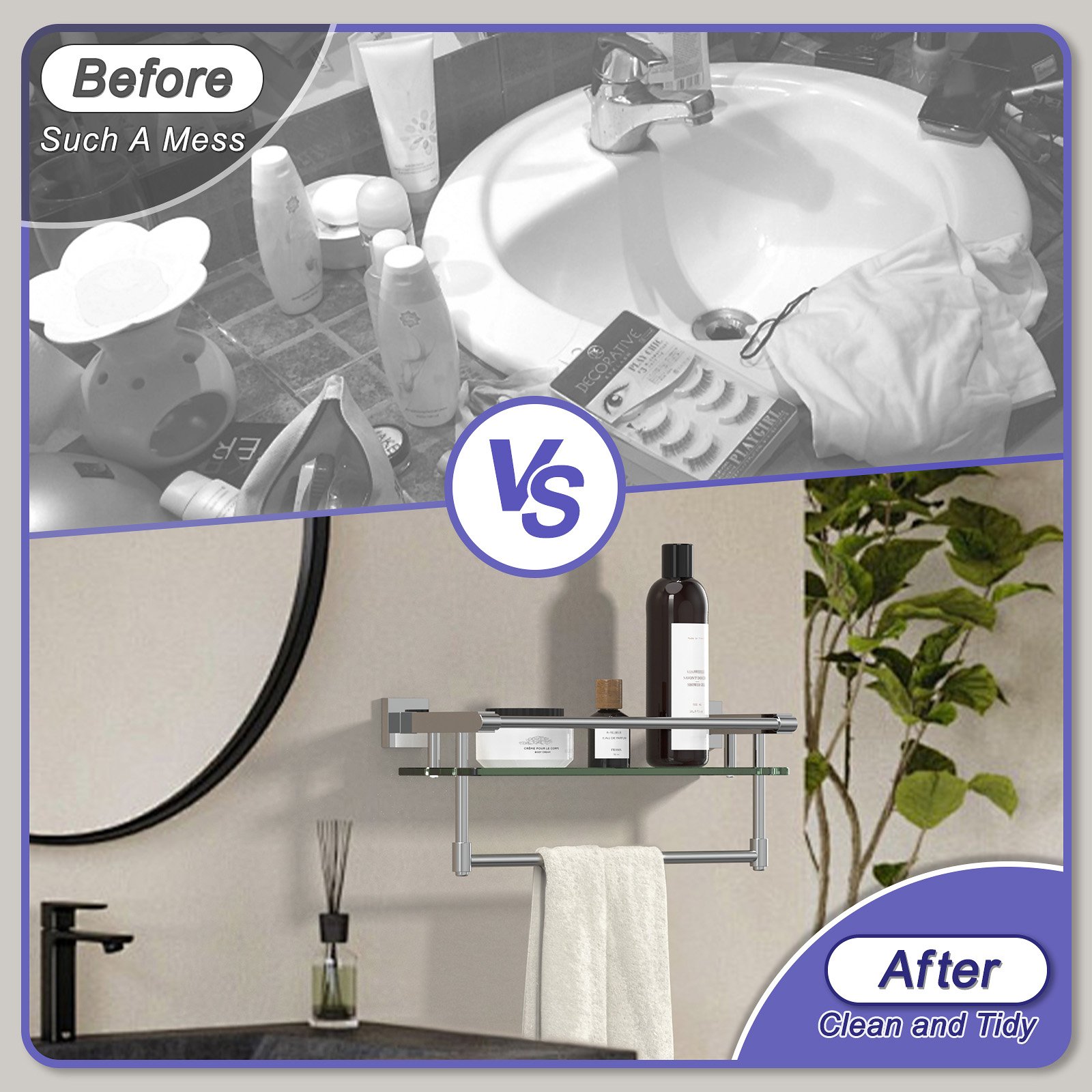 16-inch chrome-plated hanging rod glass shelf - 图片 8