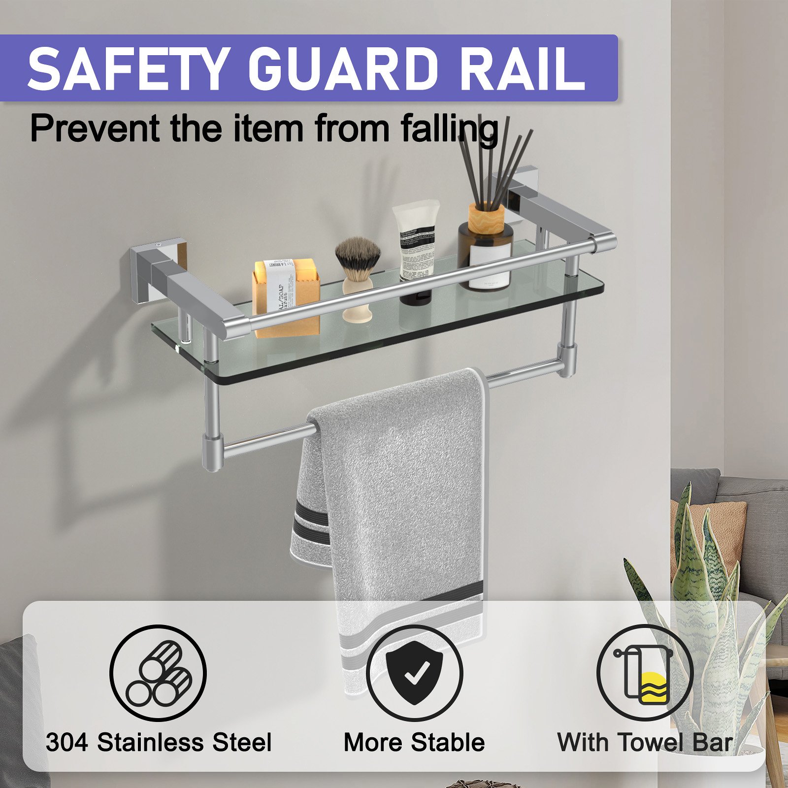 16-inch chrome-plated hanging rod glass shelf - 图片 9