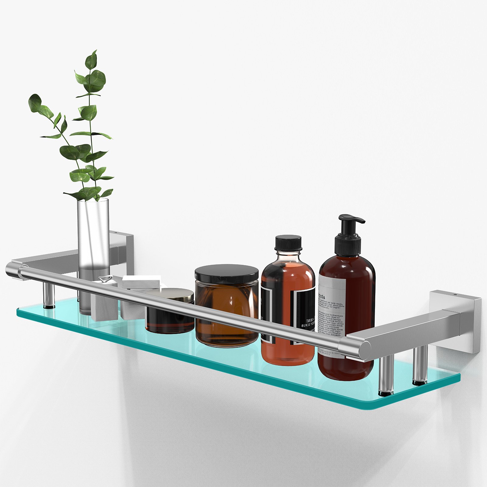 20-inch rodless, brushed finish glass shelf