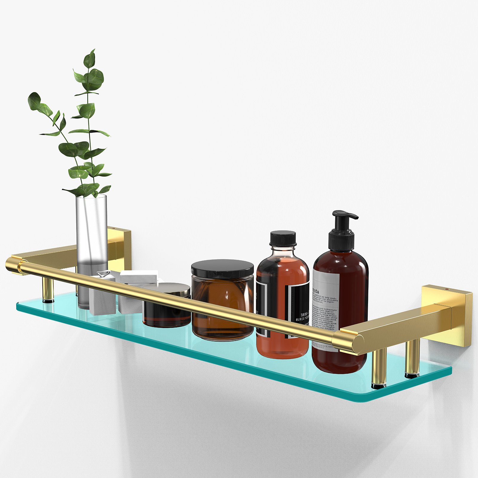 20-inch rodless glass shelf with brushed gold finish.