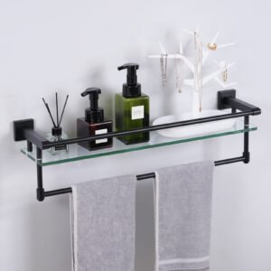 24-inch hanging rod, matte black glass shelf