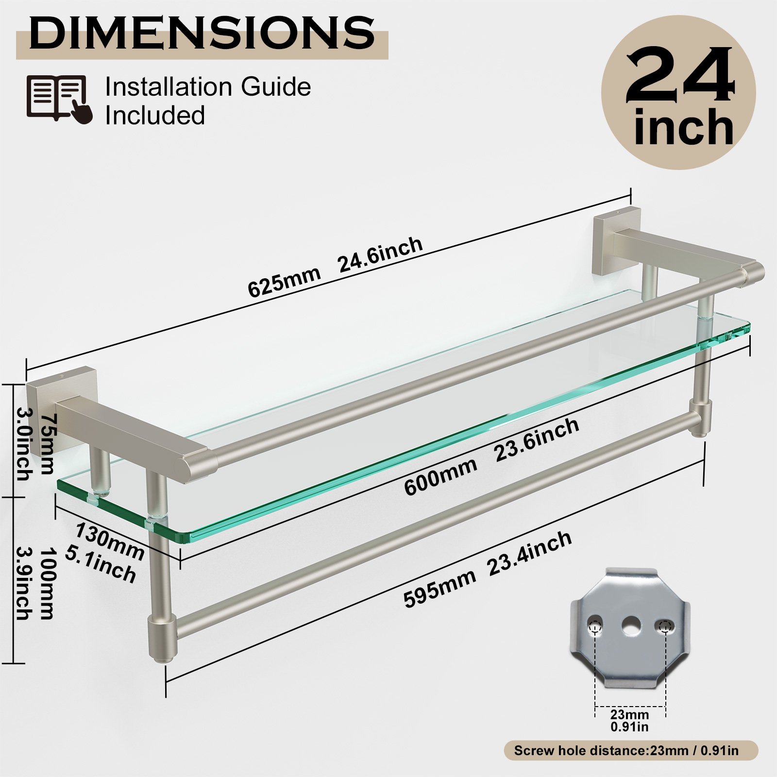 24-inch hanging rod, brushed finish, glass shelf - 图片 3