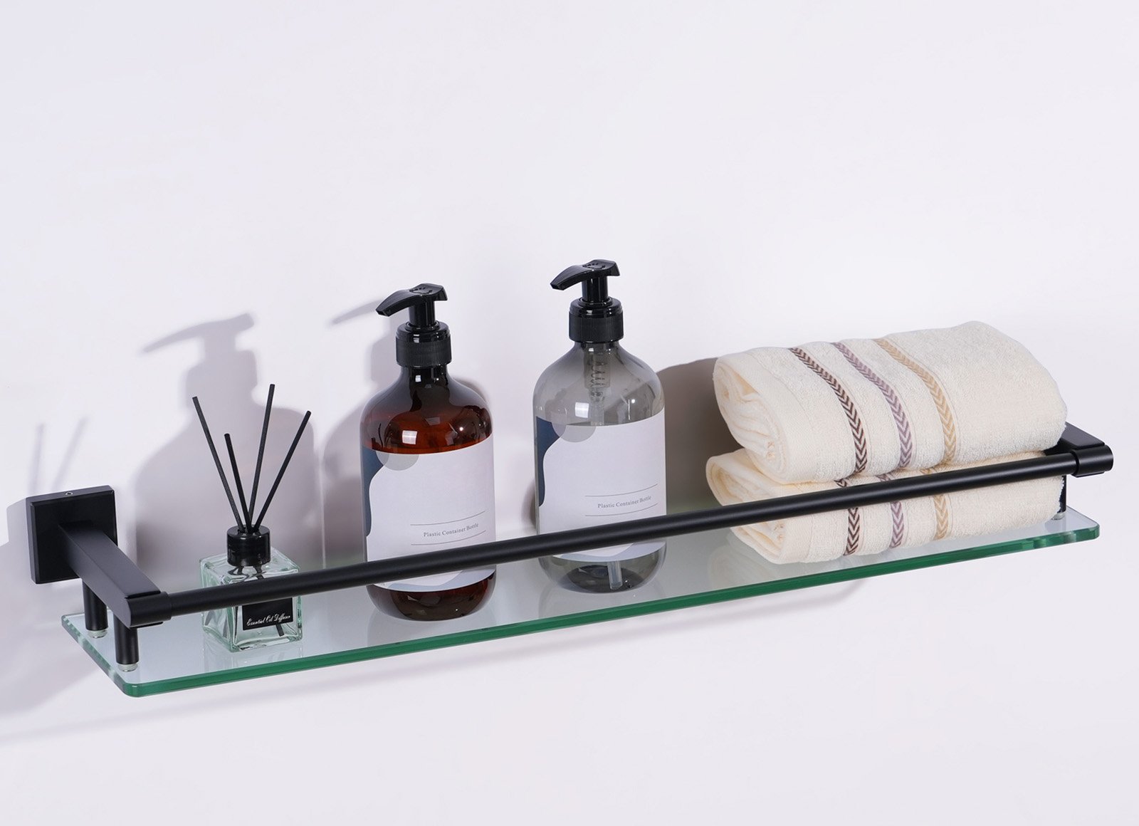 24-inch, rodless, matte black glass shelf