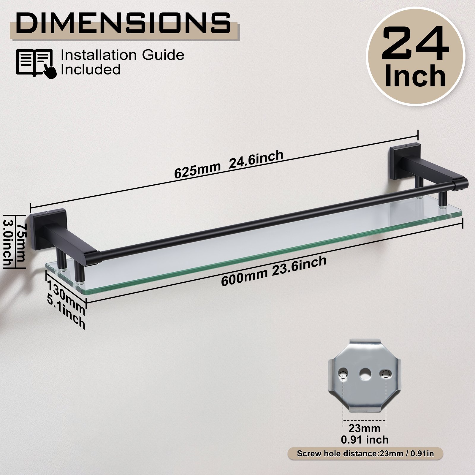 24-inch, rodless, matte black glass shelf - 图片 4