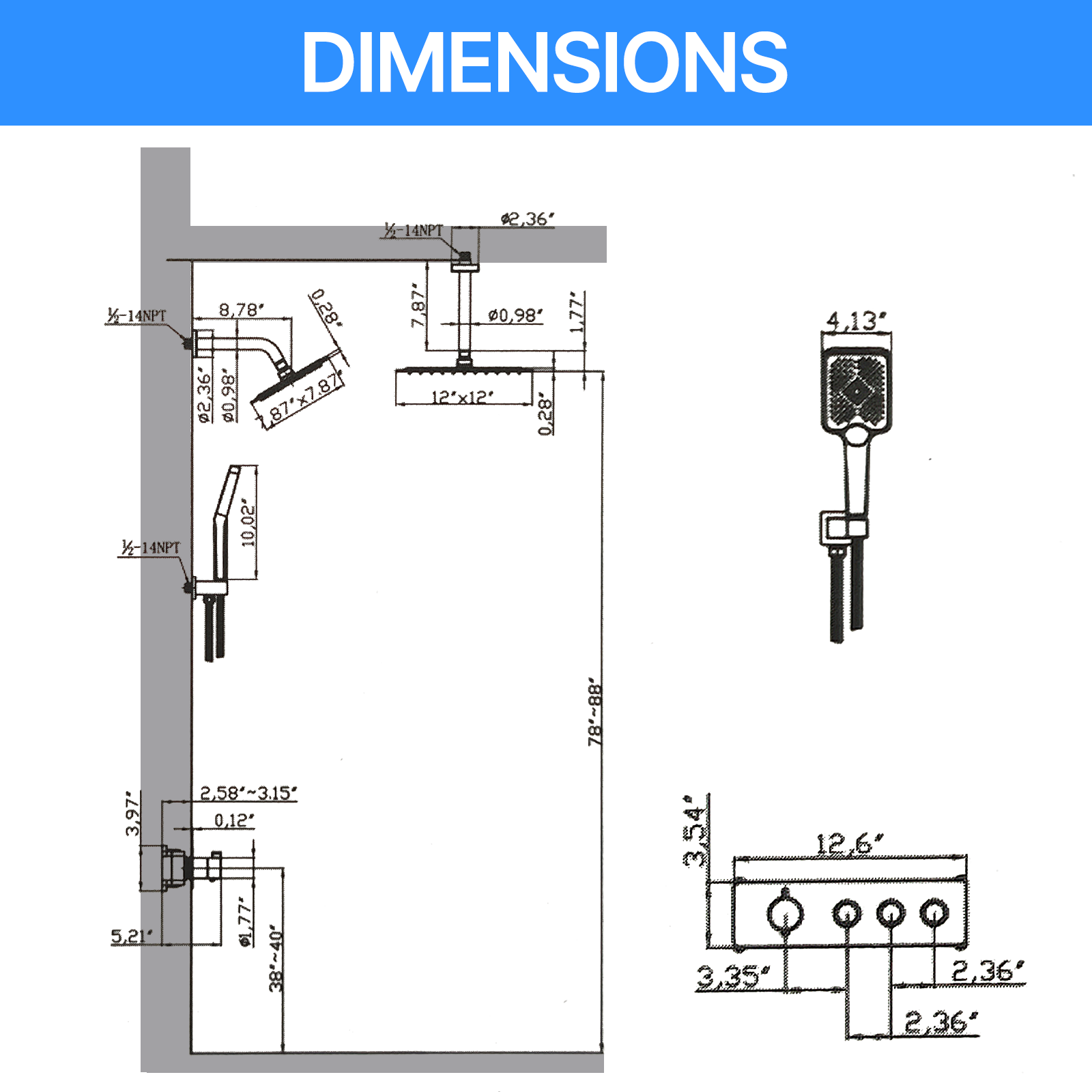 Thermostatic square shower head with three functions - 图片 8