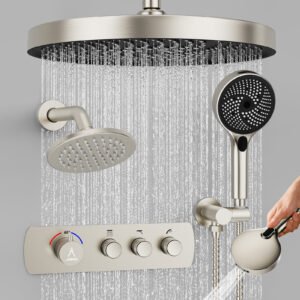Thermostatic, round, three-function, brushed finish.
