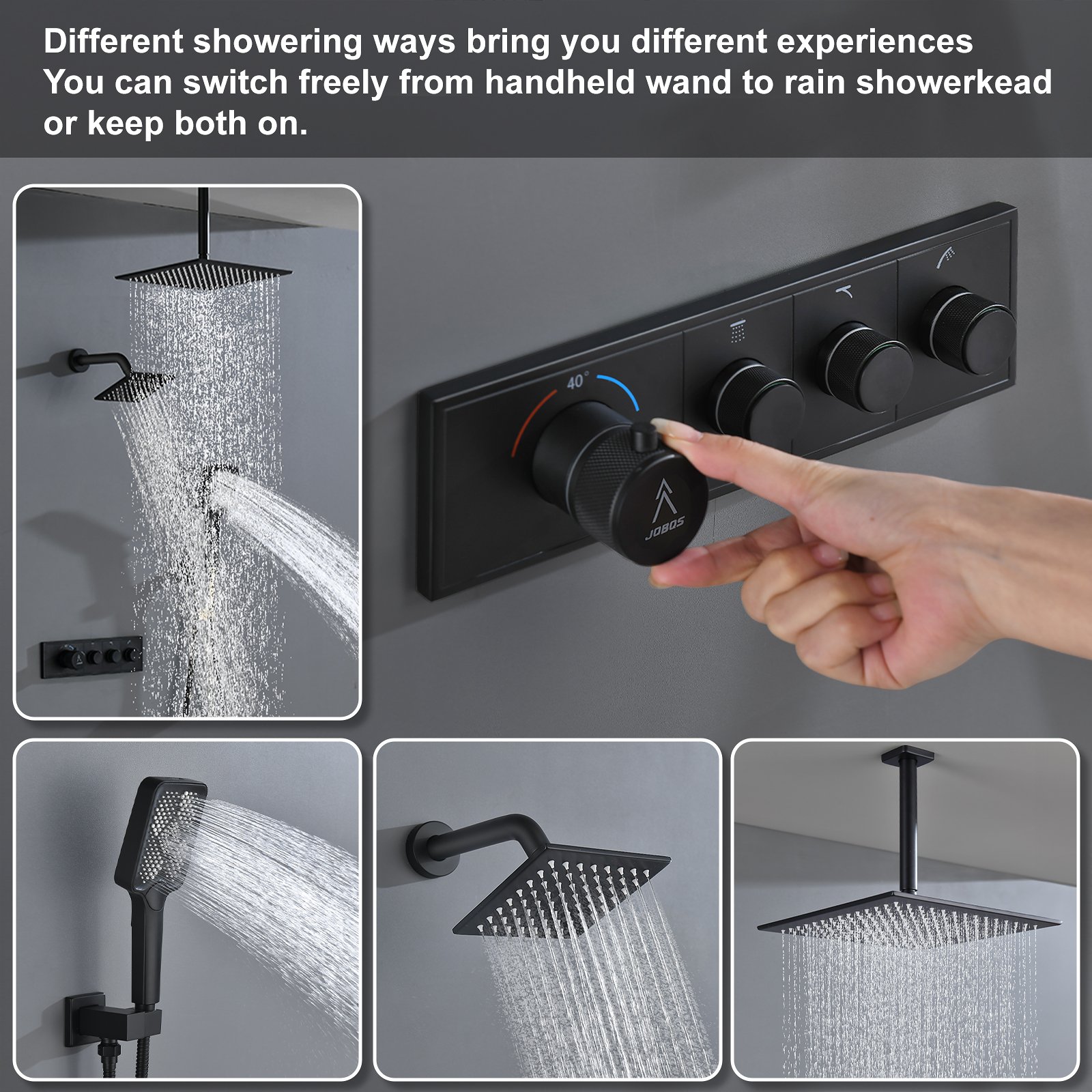 Thermostatic square three-function matte black - 图片 6