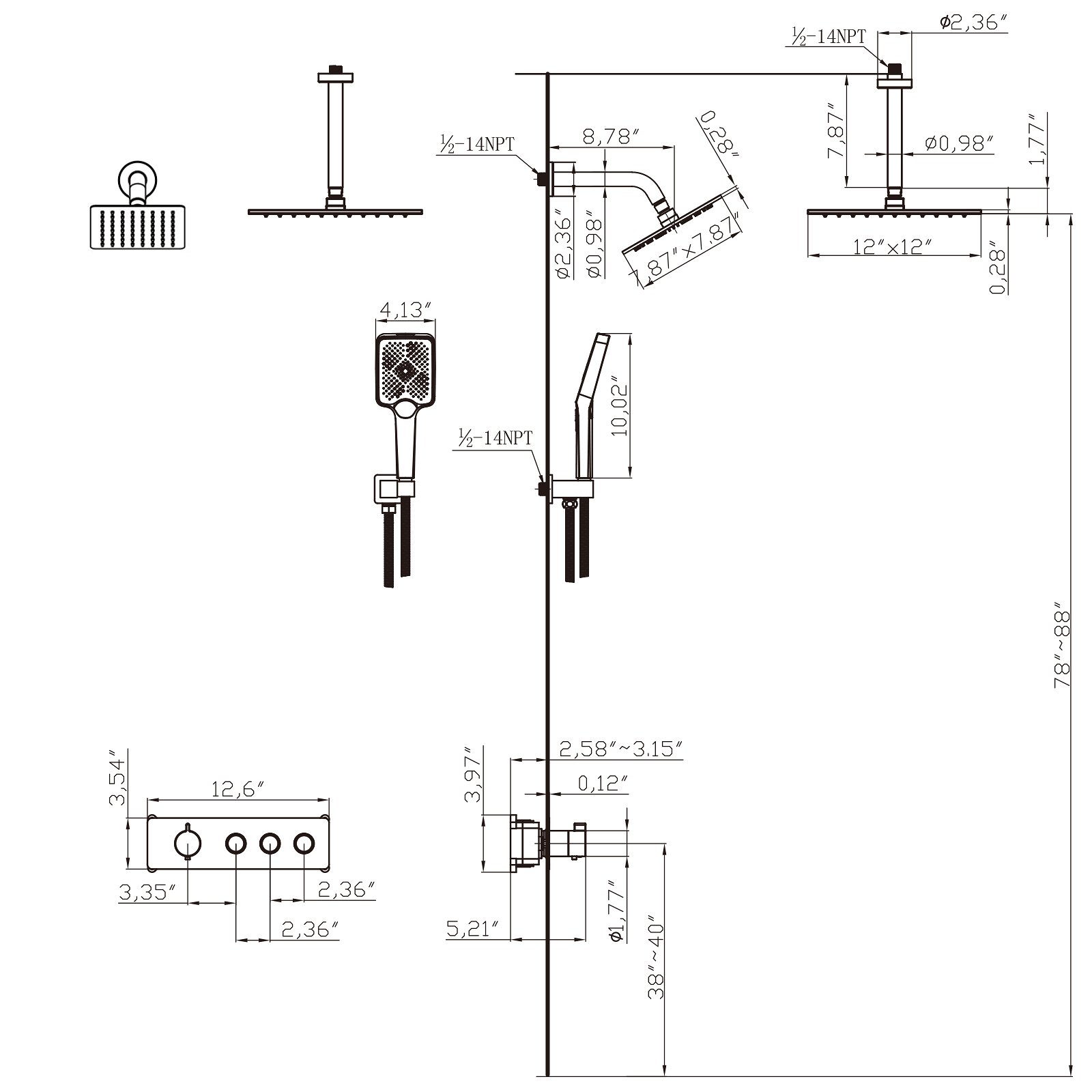 Thermostatic square three-function matte black - 图片 9