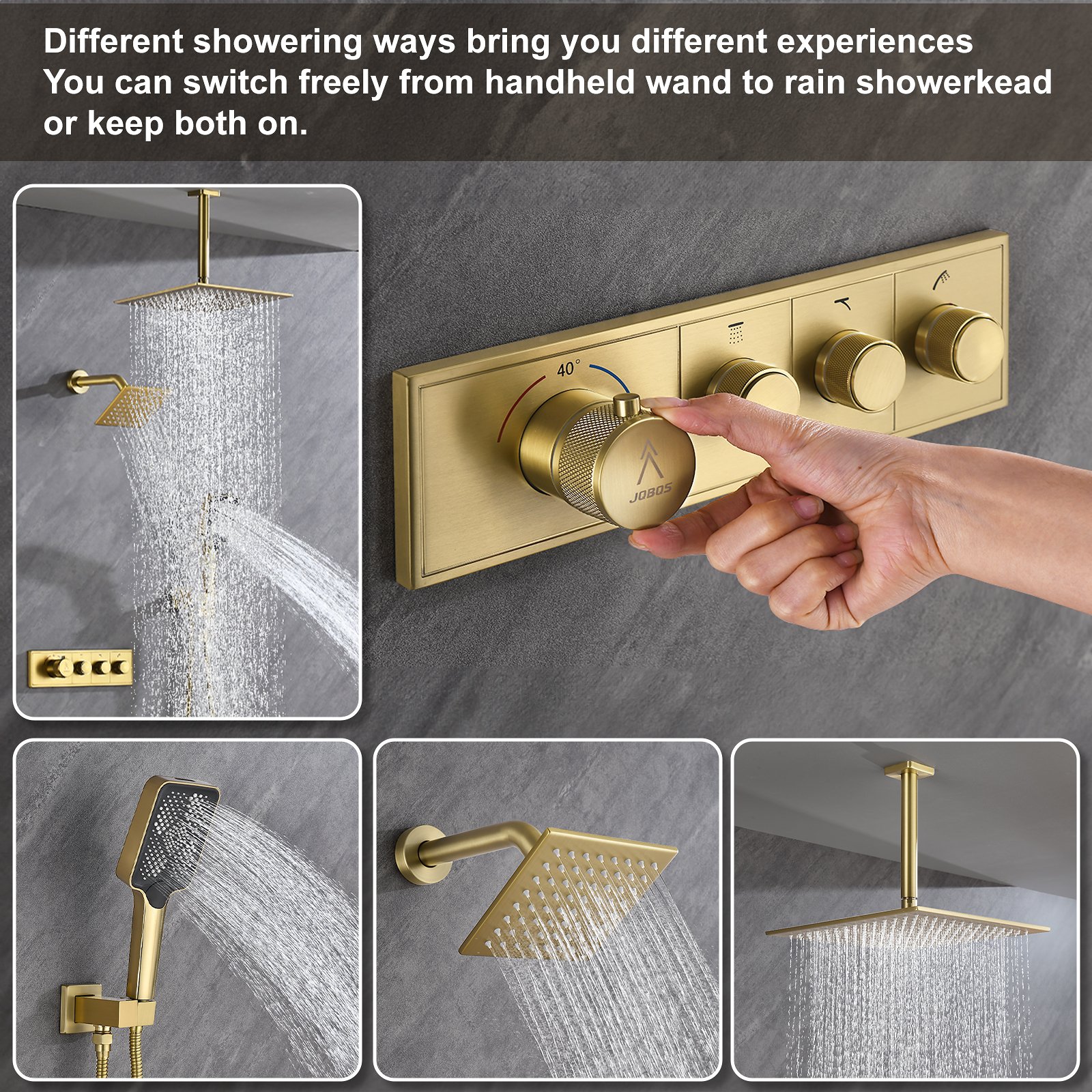 Thermostatic square three-function shower system, brushed gold finish. - 图片 6