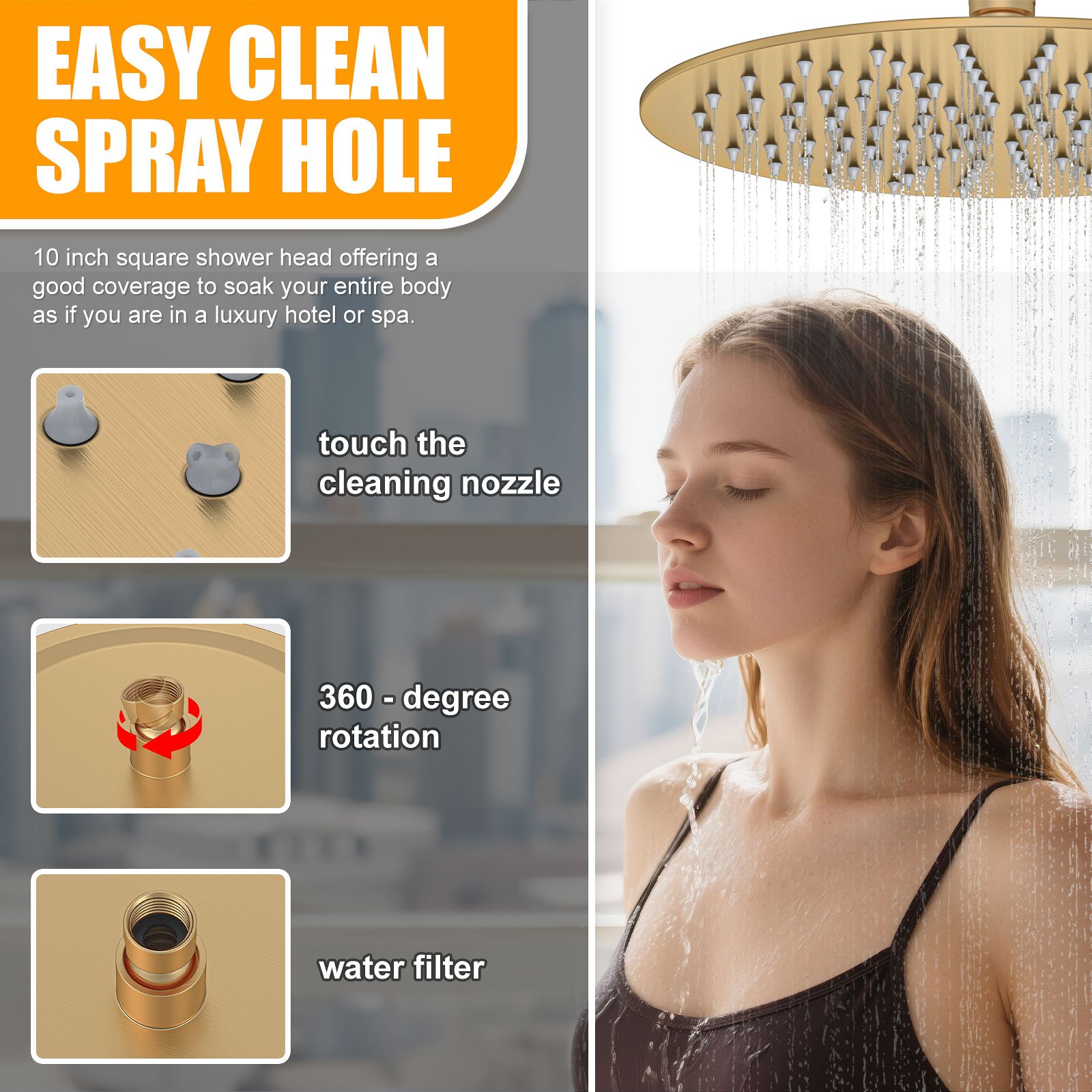 10-inch round bathtub with three functions, brushed gold finish. - 图片 4