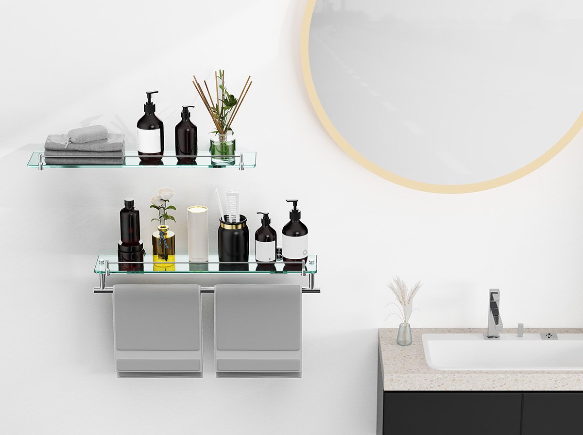 Woindo Bathroom Glass Shelf with Railing, Floating Tempered Glass Bathroom Wall Shelf Rectangle 20 Inch Over The Toilet Storage Cabinet, Gaming Floating Shelves, Bathroom Accessories and Home Decor - 图片 7