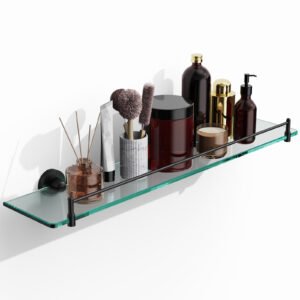 Woindo Bathroom Glass Shelf, Floating Tempered Glass Bathroom Wall Shelf Rectangle 24 Inch Shelves Black Bracket Mount Modern
