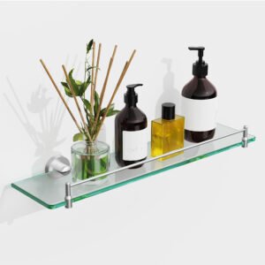 Woindo Bathroom Glass Shelf with Railing, Floating Tempered Glass Bathroom Wall Shelf Rectangle 20 Inch Shelves Brushed Nickel Bracket Mount Modern