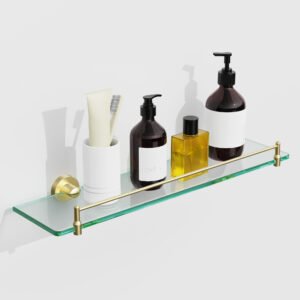 Woindo Bathroom Glass Shelf with Railing, Floating Tempered Glass Bathroom Wall Shelf Rectangle 20 Inch Shelves Gold Bracket Mount Modern