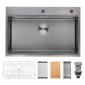 33 Inch Drop In & Undermount Kitchen Sink, Single Bowl Stainless Steel Kitchen Sink, Deep Basin Rust Resistant Farmhouse Sink with Noise Canceling Technology Black
