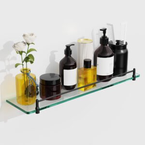 Woindo Bathroom Glass Shelf with Railing, Floating Tempered Glass Bathroom Wall Shelf Rectangle 20 Inch Shelves Black Bracket Mount Modern