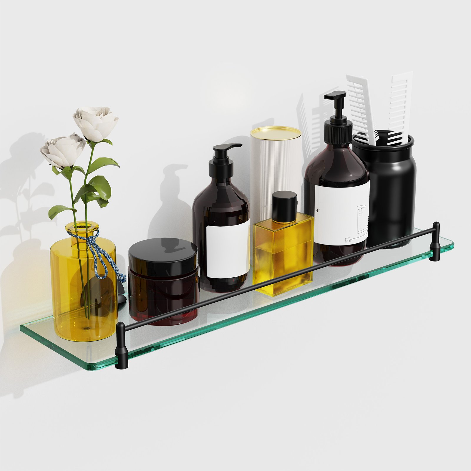 Woindo Bathroom Glass Shelf with Railing, Floating Tempered Glass Bathroom Wall Shelf Rectangle 20 Inch Shelves Black Bracket Mount Modern