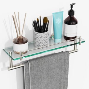 Woindo Bathroom Glass Shelf with Railing, Floating Tempered Glass Bathroom Wall Shelf Rectangle 16 Inch Over The Toilet Storage Cabinet, Gaming Floating Shelves, Bathroom Accessories and Home Decor