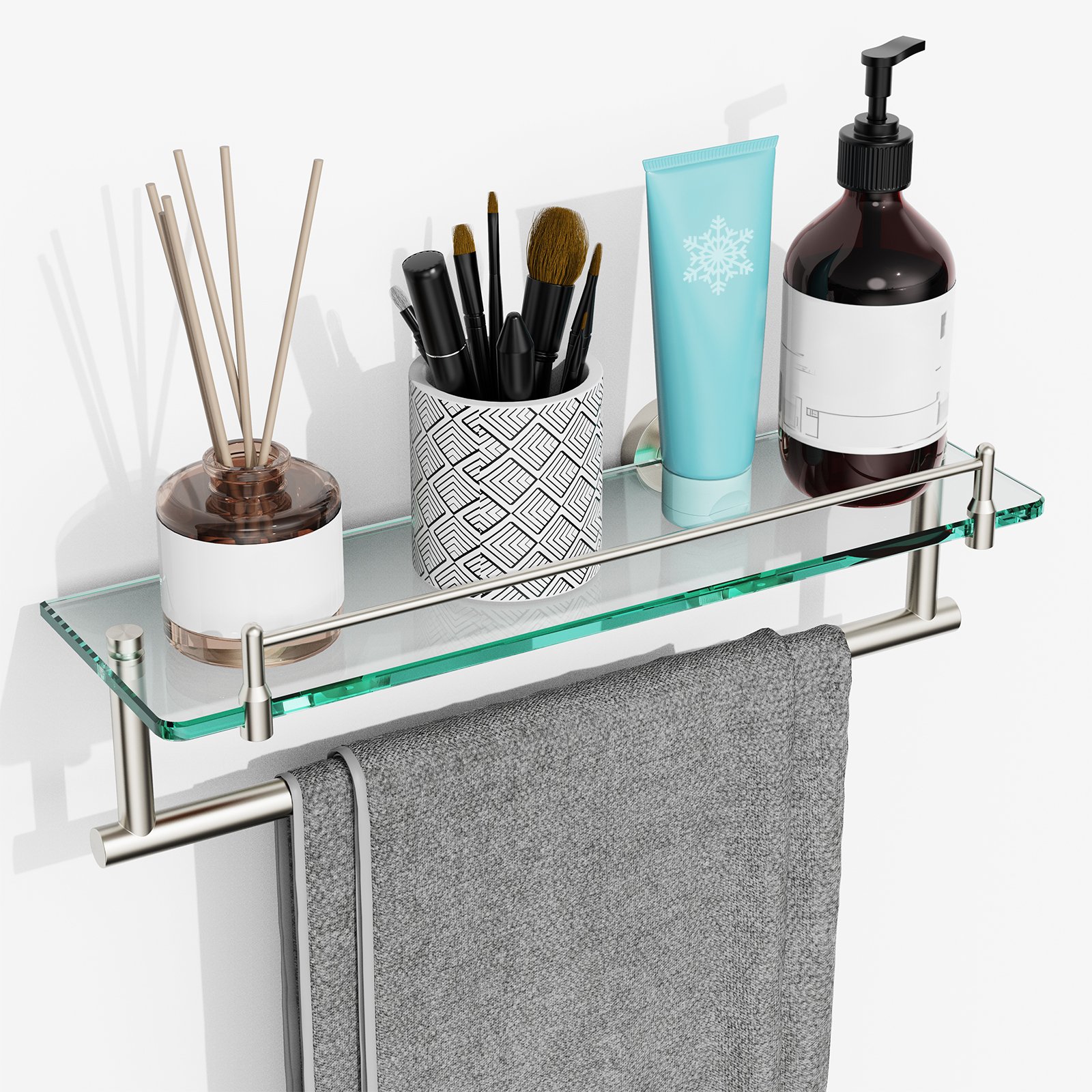 Woindo Bathroom Glass Shelf with Railing, Floating Tempered Glass Bathroom Wall Shelf Rectangle 16 Inch Over The Toilet Storage Cabinet, Gaming Floating Shelves, Bathroom Accessories and Home Decor