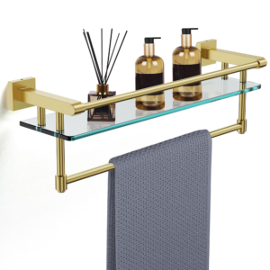 Woindo Bathroom Glass Shelf with Full-coverage Railing, Floating Tempered Glass Bathroom Wall Shelf Rectangle 24 Inch Over The Toilet Storage Cabinet, Towels, Gaming Floating Shelves