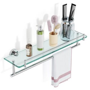 Woindo Bathroom Glass Shelf with Railing, Floating Tempered Glass Bathroom Wall Shelf Rectangle 20 Inch Over The Toilet Storage Cabinet, Gaming Floating Shelves, Bathroom Accessories and Home Decor