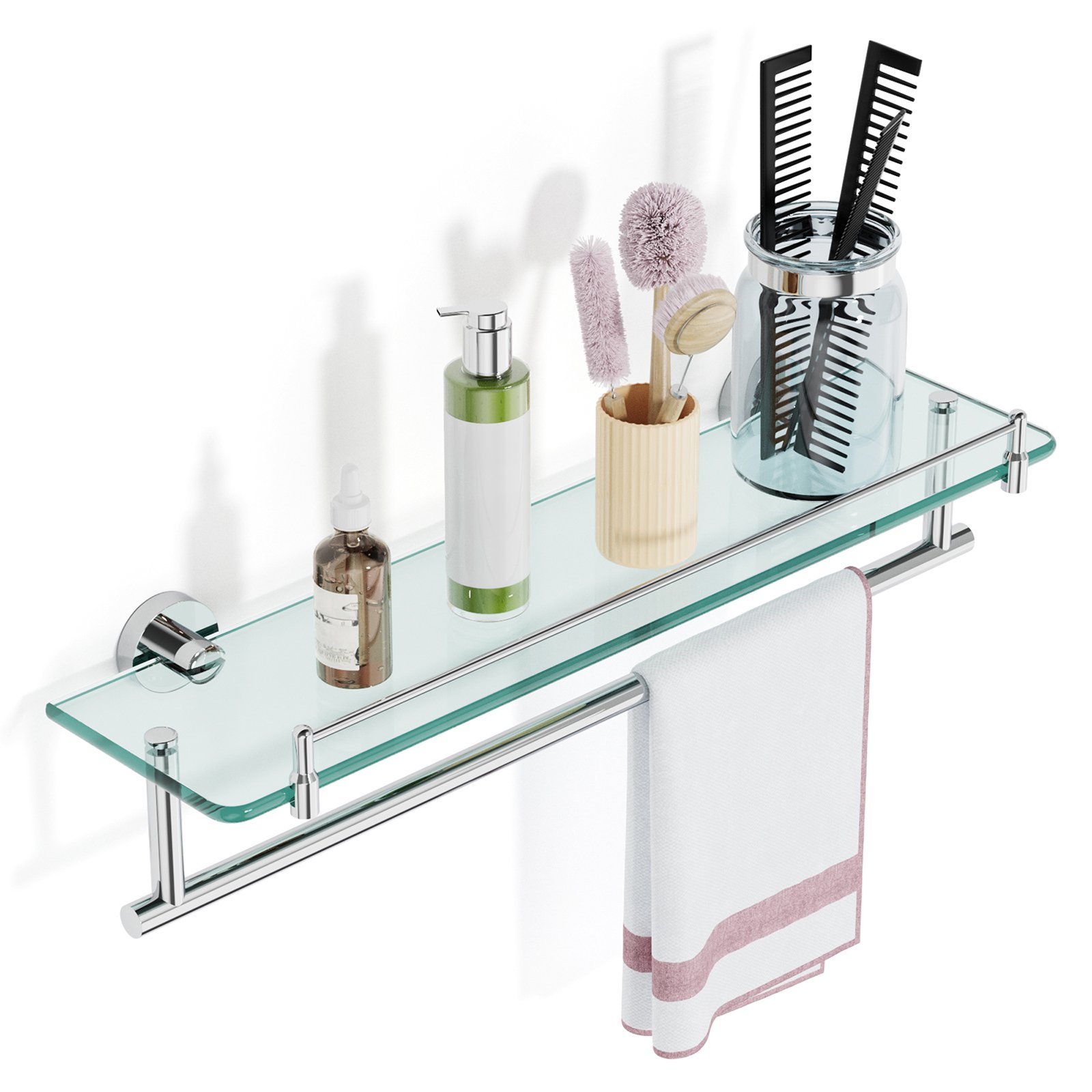 Woindo Bathroom Glass Shelf with Railing, Floating Tempered Glass Bathroom Wall Shelf Rectangle 20 Inch Over The Toilet Storage Cabinet, Gaming Floating Shelves, Bathroom Accessories and Home Decor