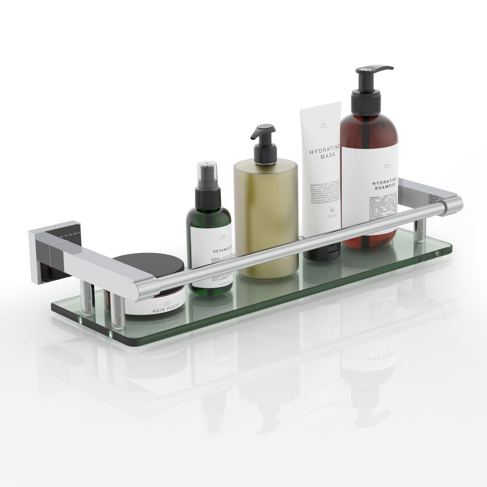 Woindo Bathroom Glass Shelf with Full-coverage Railing, Floating Tempered Glass Bathroom Wall Shelf Rectangle 16 Inch Shelves Chrome Polished Bracket Mount Modern