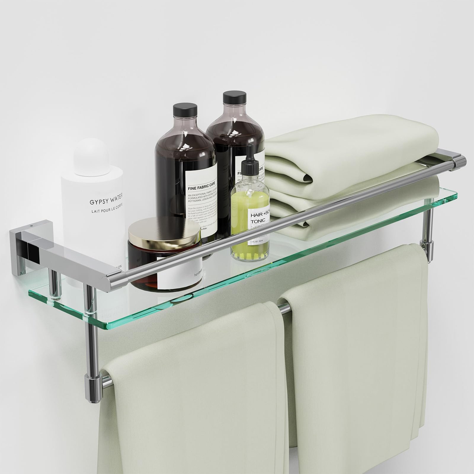 Woindo Bathroom Glass Shelf with Full-coverage Railing, Floating Tempered Glass Bathroom Wall Shelf Rectangle 24 Inch Over The Toilet Storage Cabinet, Towels, Gaming Floating Shelves