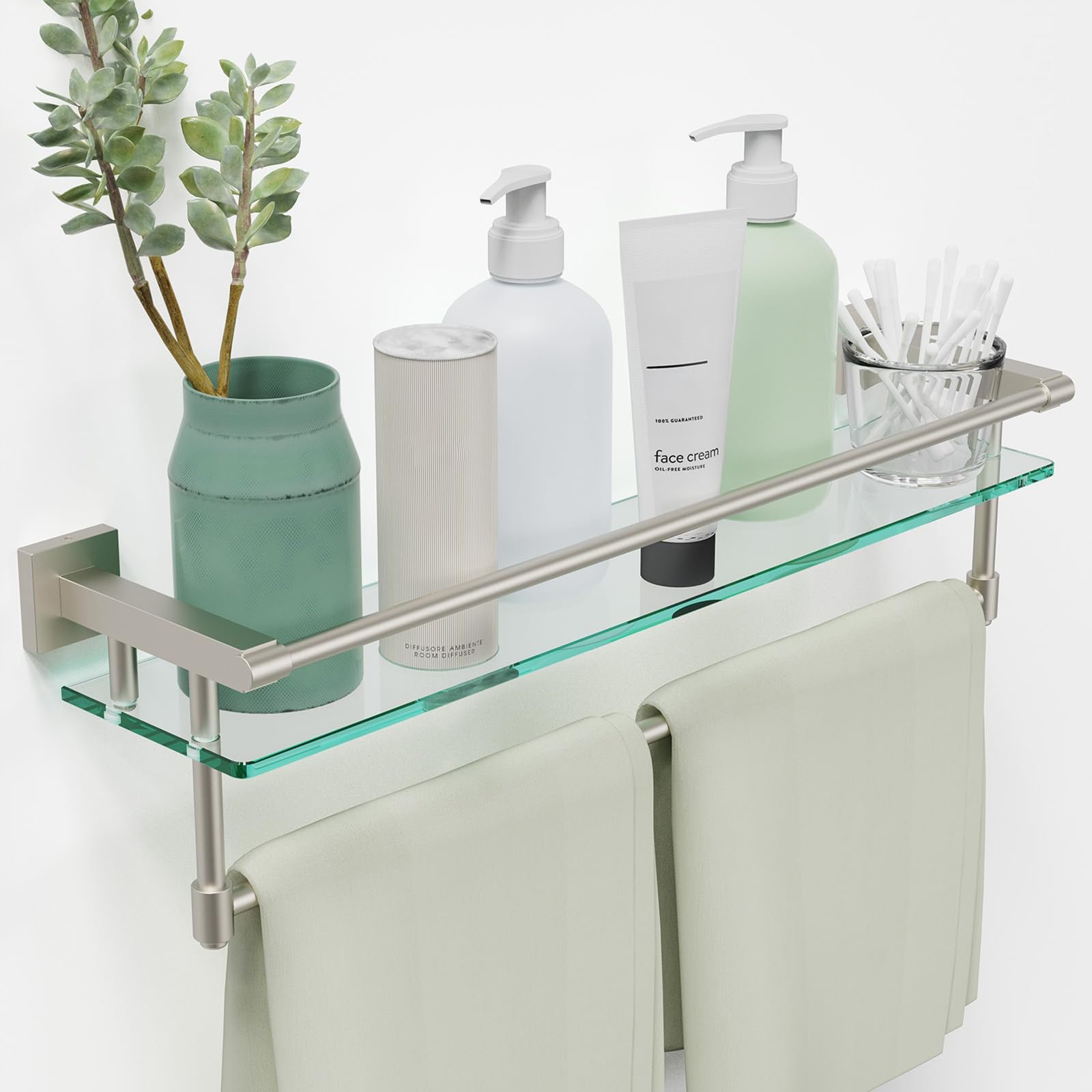 Woindo Bathroom Glass Shelf with Full-coverage Railing, Floating Tempered Glass Bathroom Wall Shelf Rectangle 24 Inch Over The Toilet Storage Cabinet, Towels, Gaming Floating Shelves