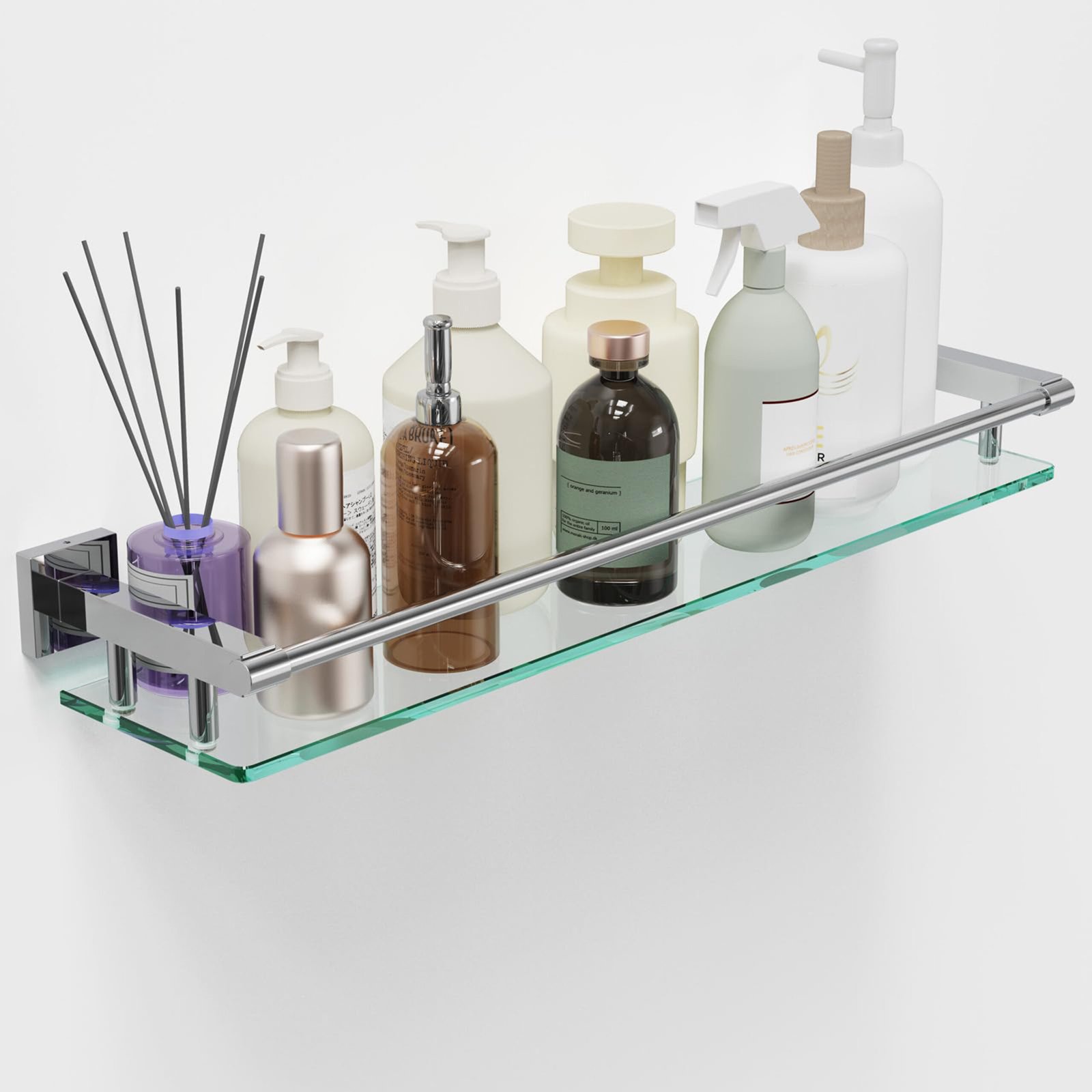 Woindo Bathroom Glass Shelf with Full-coverage Railing, Floating Tempered Glass Bathroom Wall Shelf Rectangle 24 Inch Shelves Chrome Polished Bracket Mount Modern