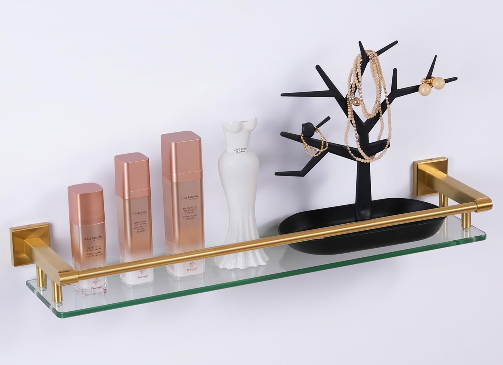 Woindo Bathroom Glass Shelf with Full-coverage Railing, Floating Tempered Glass Bathroom Wall Shelf Rectangle 24 Inch Shelves Gold Bracket Mount Modern