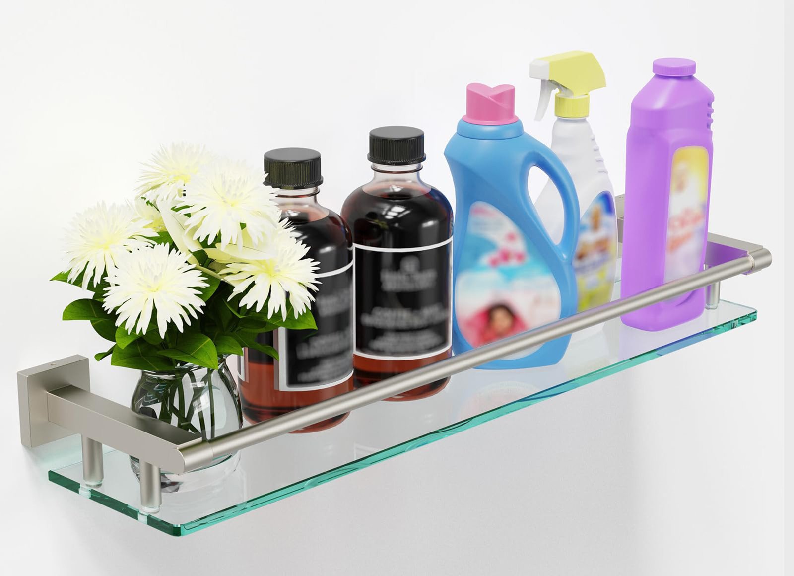 Woindo Bathroom Glass Shelf with Full-coverage Railing, Floating Tempered Glass Bathroom Wall Shelf Rectangle 24 Inch Shelves Brushed Nickel Bracket Mount Modern
