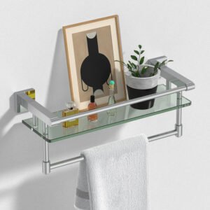 Woindo Bathroom Glass Shelf with Full-coverage Railing, Floating Tempered Glass Bathroom Wall Shelf Rectangle 16 Inch Over The Toilet Storage Cabinet, Towels, Gaming Floating Shelves