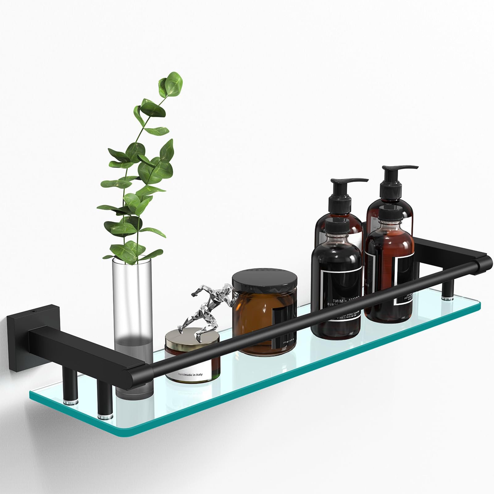 Woindo Bathroom Glass Shelf with Full-coverage Railing, Floating Tempered Glass Bathroom Wall Shelf Rectangle 20 Inch Shelves Black Bracket Mount Modern