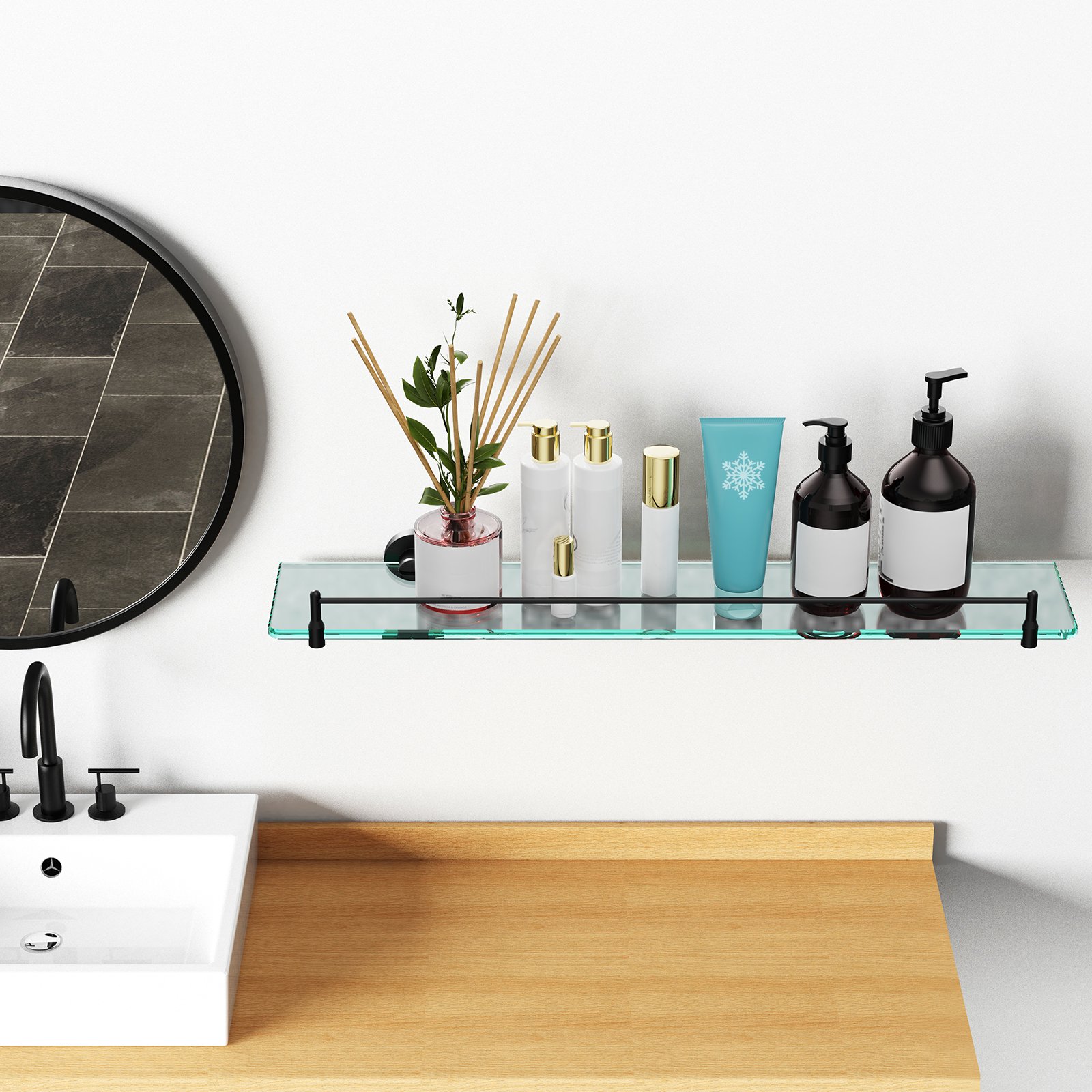 Woindo Bathroom Glass Shelf, Floating Tempered Glass Bathroom Wall Shelf Rectangle 24 Inch Shelves Black Bracket Mount Modern - 图片 13