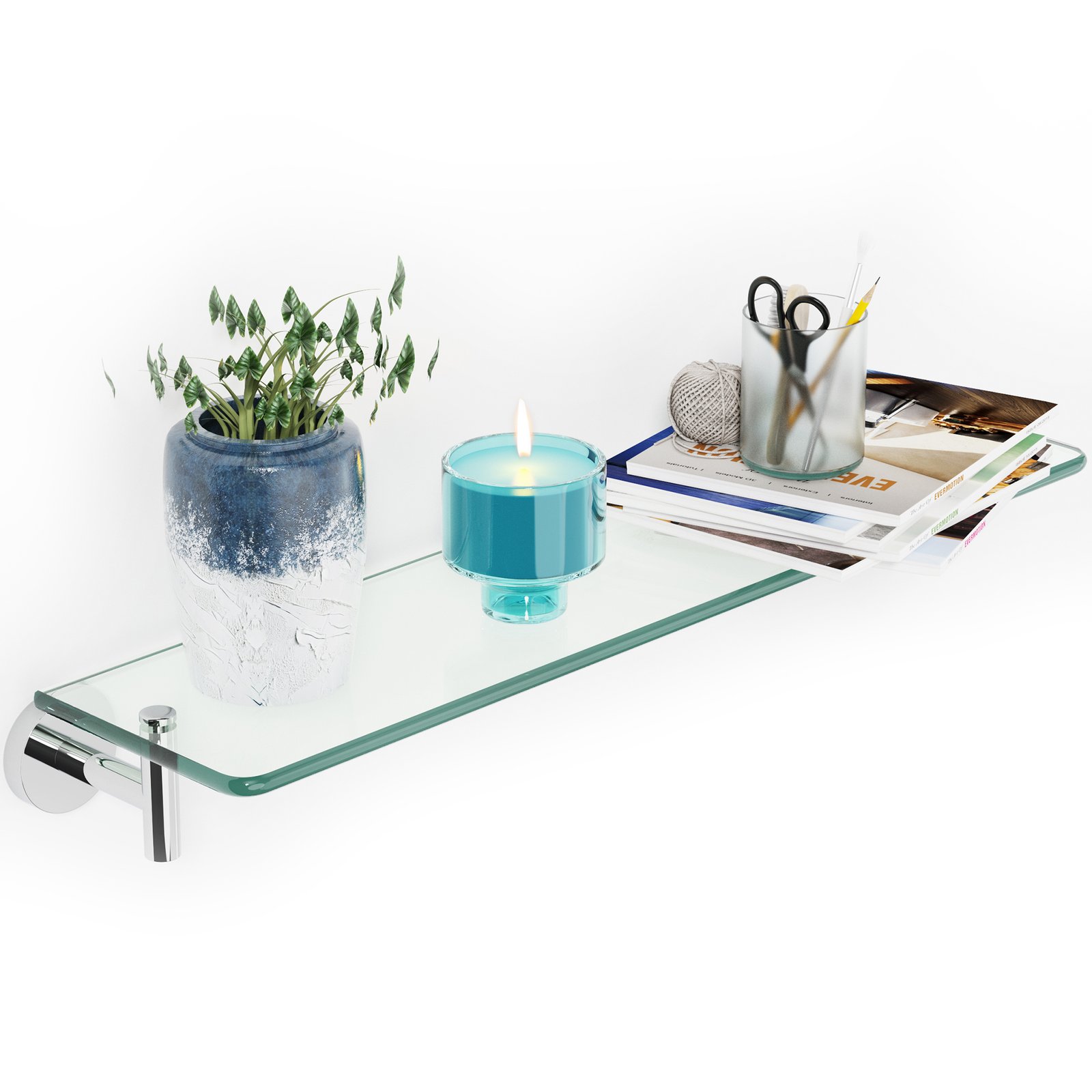 Woindo Bathroom Glass Shelf, Floating Tempered Glass Bathroom Wall Shelf Rectangle 20 Inch Shelves Chrome Polished Bracket Mount Modern - 图片 14