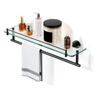 Woindo Bathroom Glass Shelf with Railing, Floating Tempered Glass Bathroom Wall Shelf Rectangle 20 Inch Over The Toilet Storage Cabinet, Gaming Floating Shelves, Bathroom Accessories and Home Decor