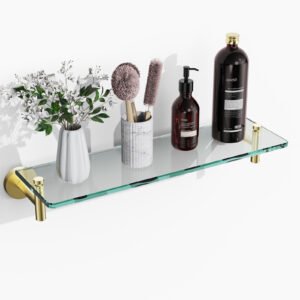 Woindo Bathroom Glass Shelf, Floating Tempered Glass Bathroom Wall Shelf Rectangle 16 Inch Shelves Gold Bracket Mount Modern
