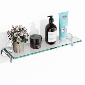 Woindo Bathroom Glass Shelf, Floating Tempered Glass Bathroom Wall Shelf Rectangle 16 Inch Shelves Chrome Polished Bracket Mount Modern